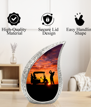 Golf Personalized Cremation Urn – Teardrop Style Aluminum Memorial Urn, 10 Inch