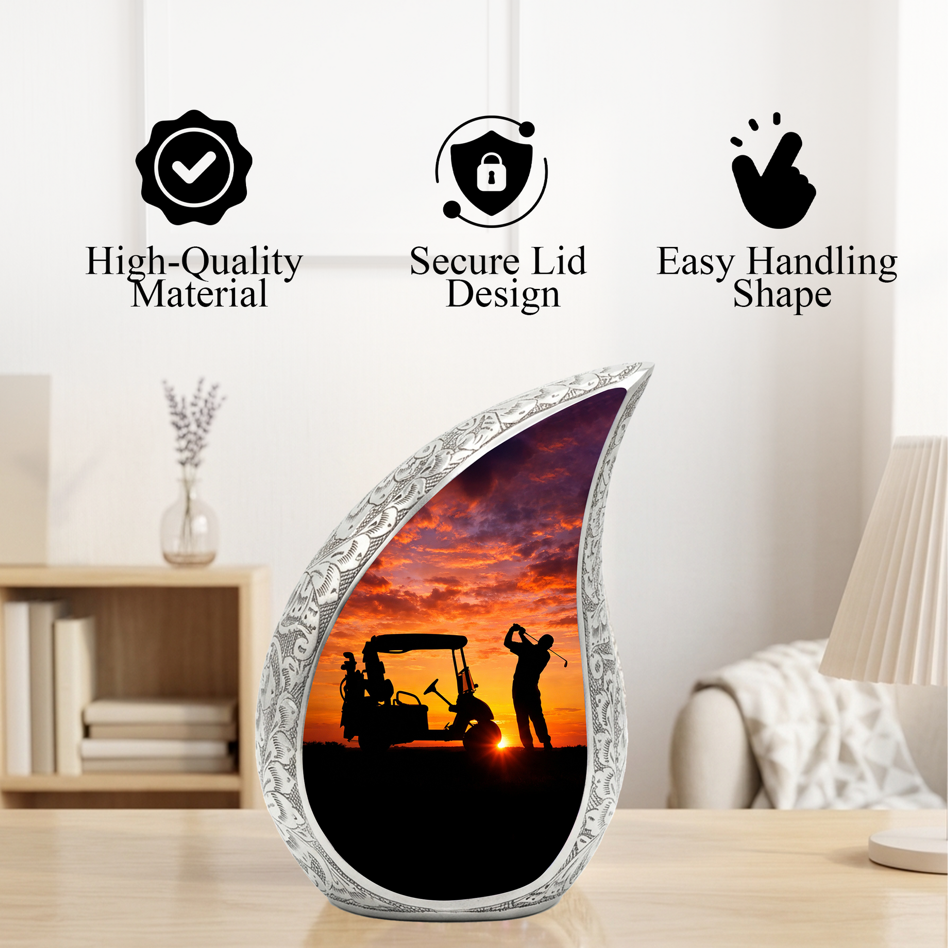 Golf Personalized Cremation Urn – Teardrop Style Aluminum Memorial Urn, 10 Inch