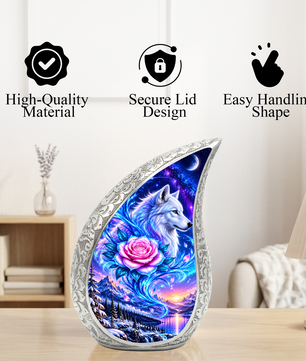 Wolf Adult Cremation Urn for Human Ashes, White Wolf and Pink Rose Memorial Urn