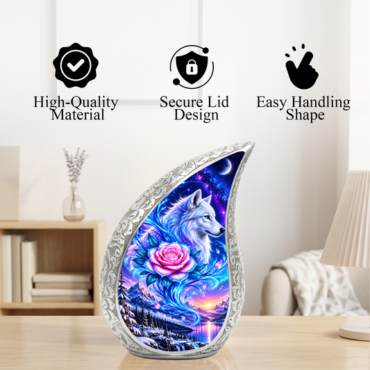 Wolf Adult Cremation Urn for Human Ashes, White Wolf and Pink Rose Memorial Urn