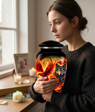 Phoenix and Wolf Cremation Urn for Adult Ashes, Fiery Red Phoenix and Wolf Adult Urn for Human Ashes