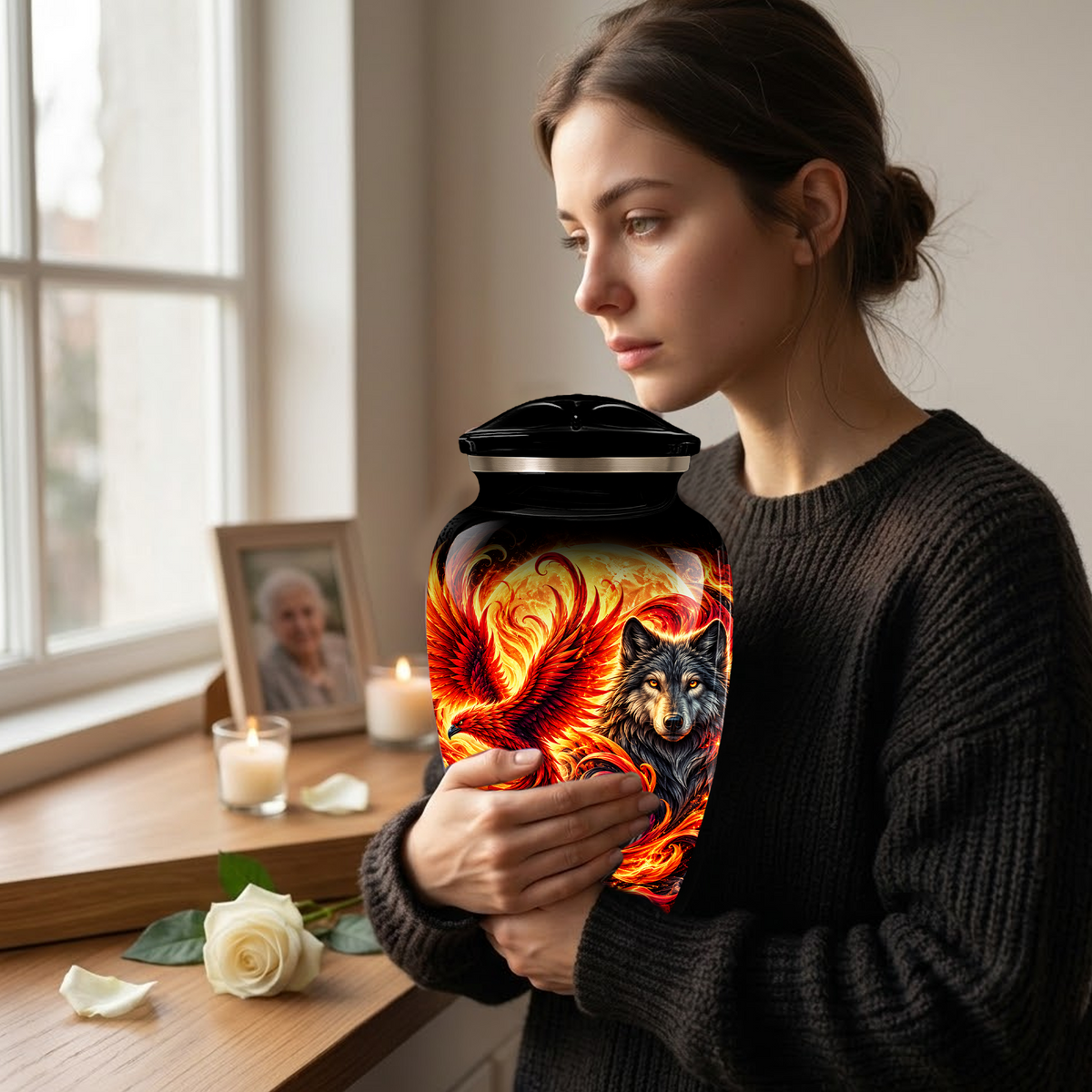 Phoenix and Wolf Cremation Urn for Adult Ashes, Fiery Red Phoenix and Wolf Adult Urn for Human Ashes
