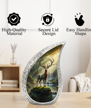 Personalized Deer Forest Memorial Urn – Teardrop Memorial Urn for Ashes | 10 Inch Aluminum Adult Urn