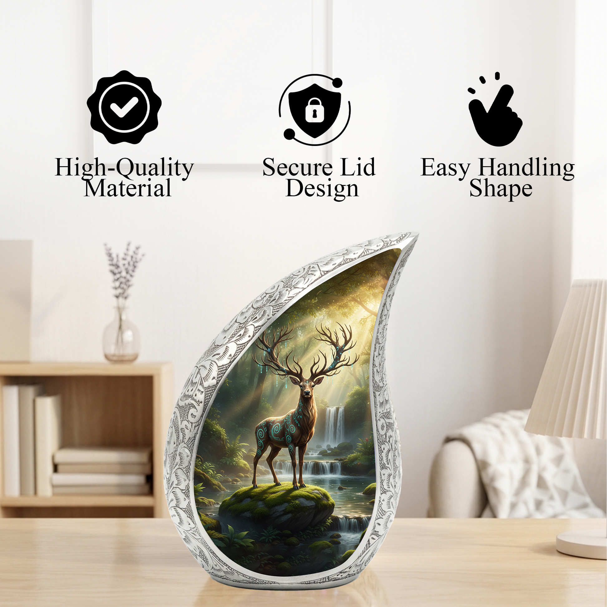 Personalized Deer Forest Memorial Urn – Teardrop Memorial Urn for Ashes | 10 Inch Aluminum Adult Urn