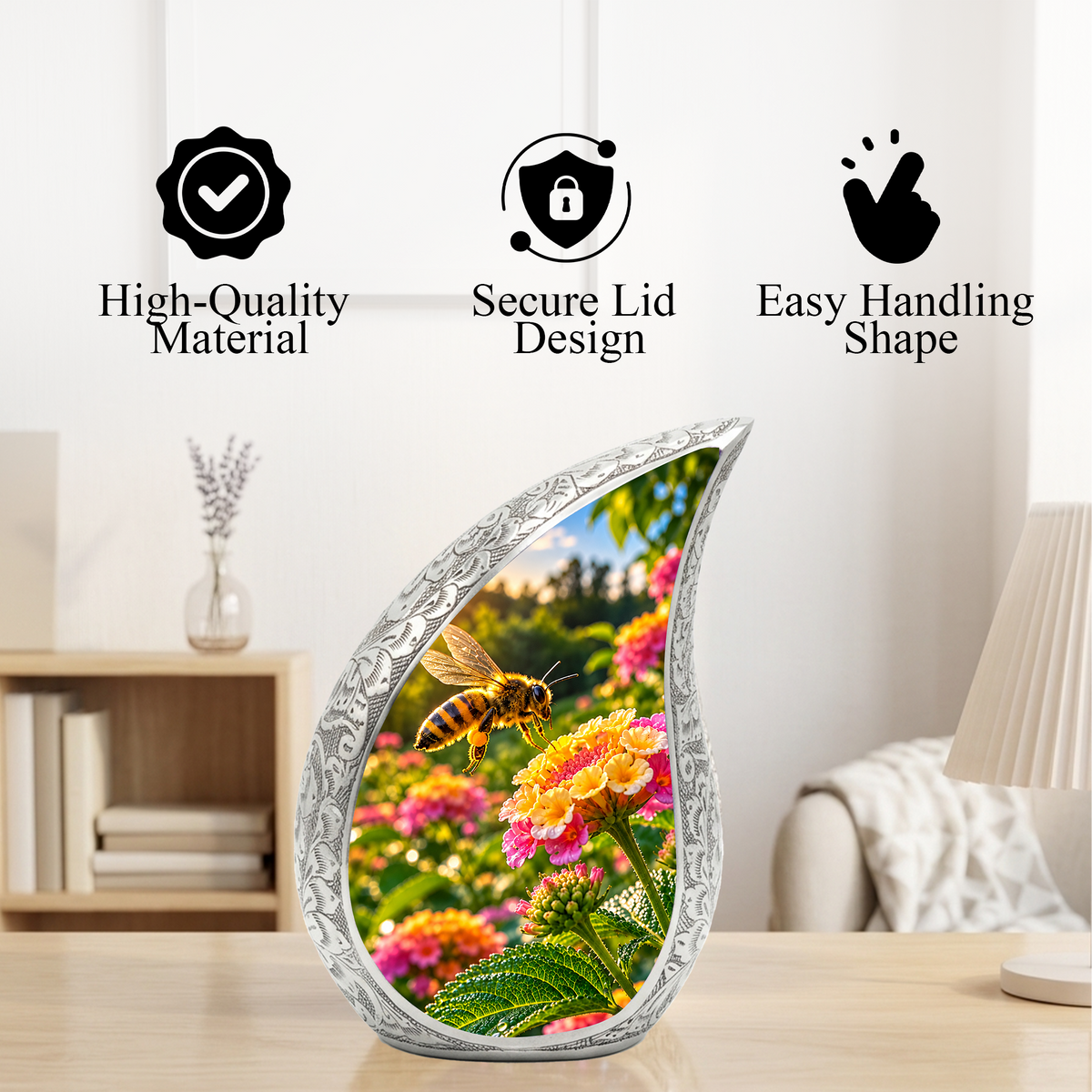 Honey Bee Cremation Urn for Adult Ashes, Bee and Flower Memorial Urn