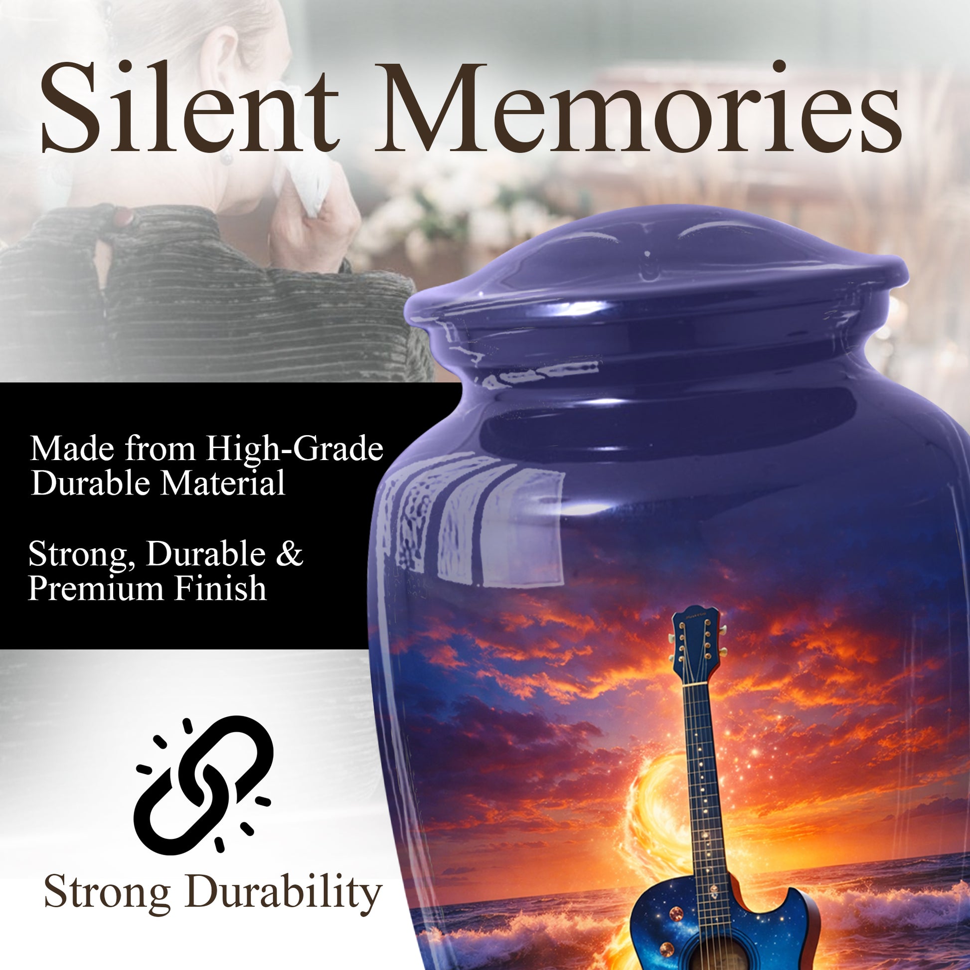 Guitar Funeral Urn - Adult Cremation Large Urn for Ashes |Ocean Sunset Memorial Urn