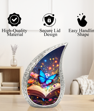 Butterfly Personalized Cremation Urn – Teardrop Style Aluminum Memorial Urn, 10 Inch
