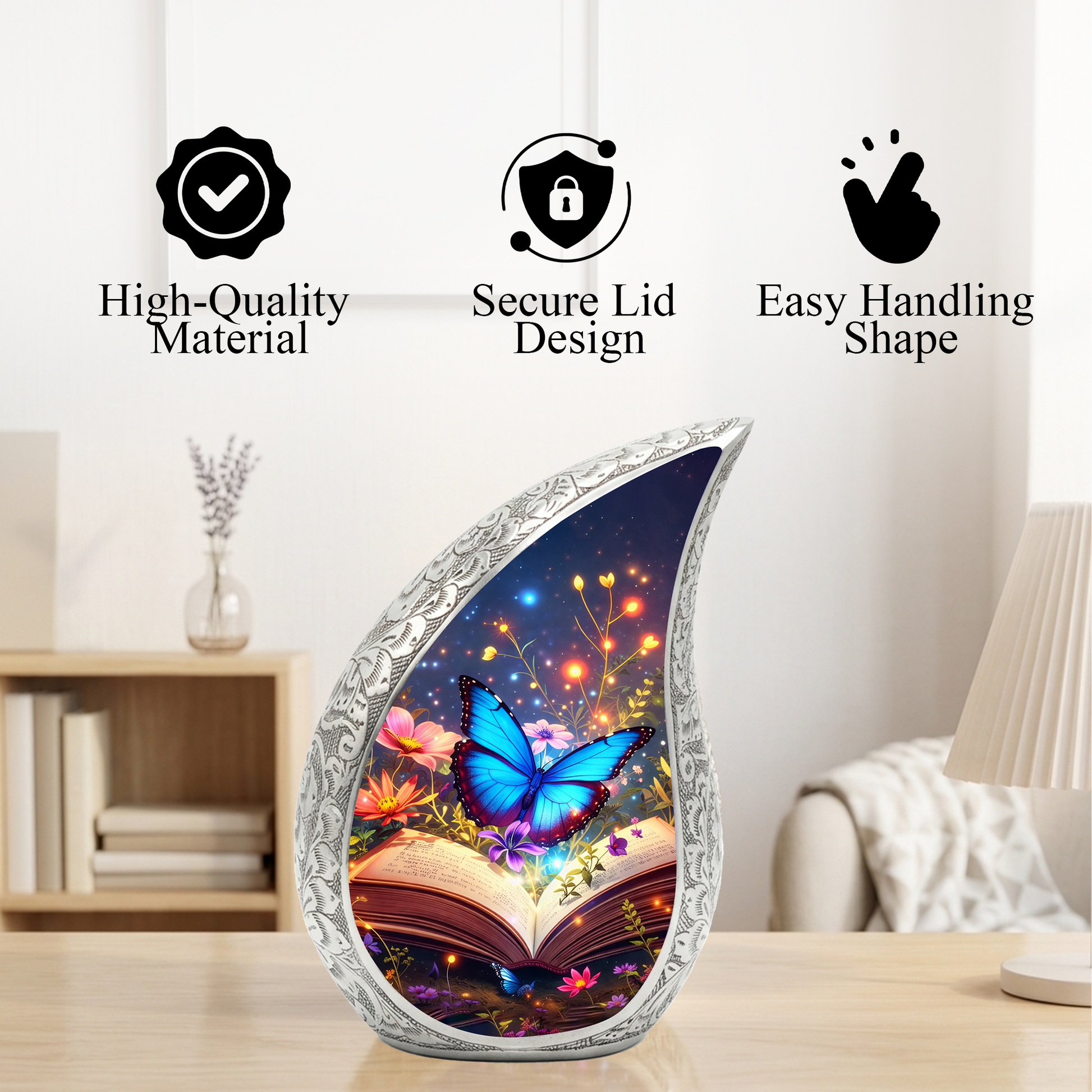 Butterfly Personalized Cremation Urn – Teardrop Style Aluminum Memorial Urn, 10 Inch
