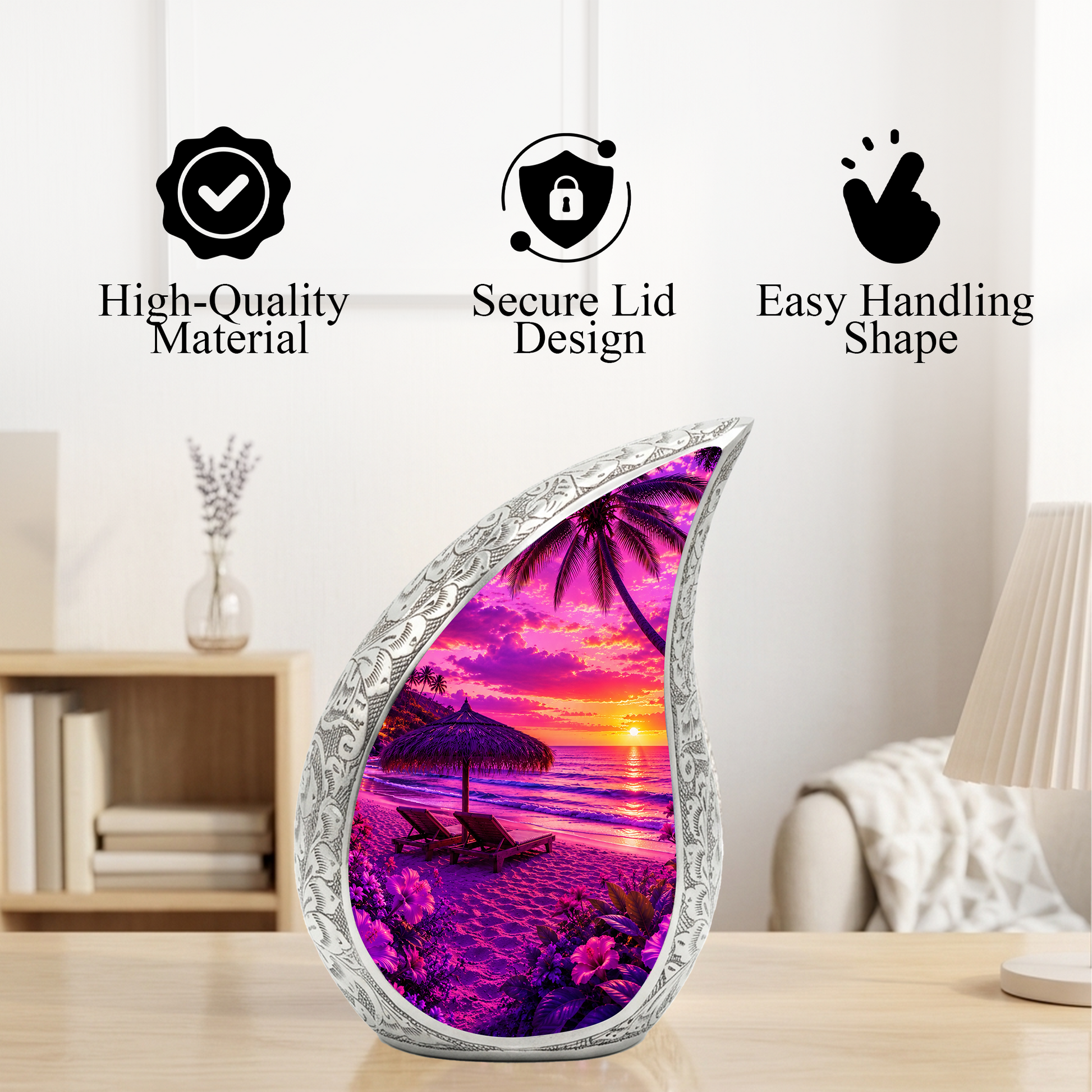 Beach Urns for Human Ashes – Purple Tropical Sunset Beach Themed Cremation Urn with Palm Trees