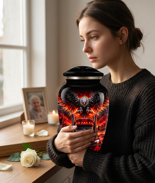 Personalized Adult Cremation Urn for Ashes, Custom Red Semi Truck and Fiery Eagle Memorial Urn, Truck Driver Urn