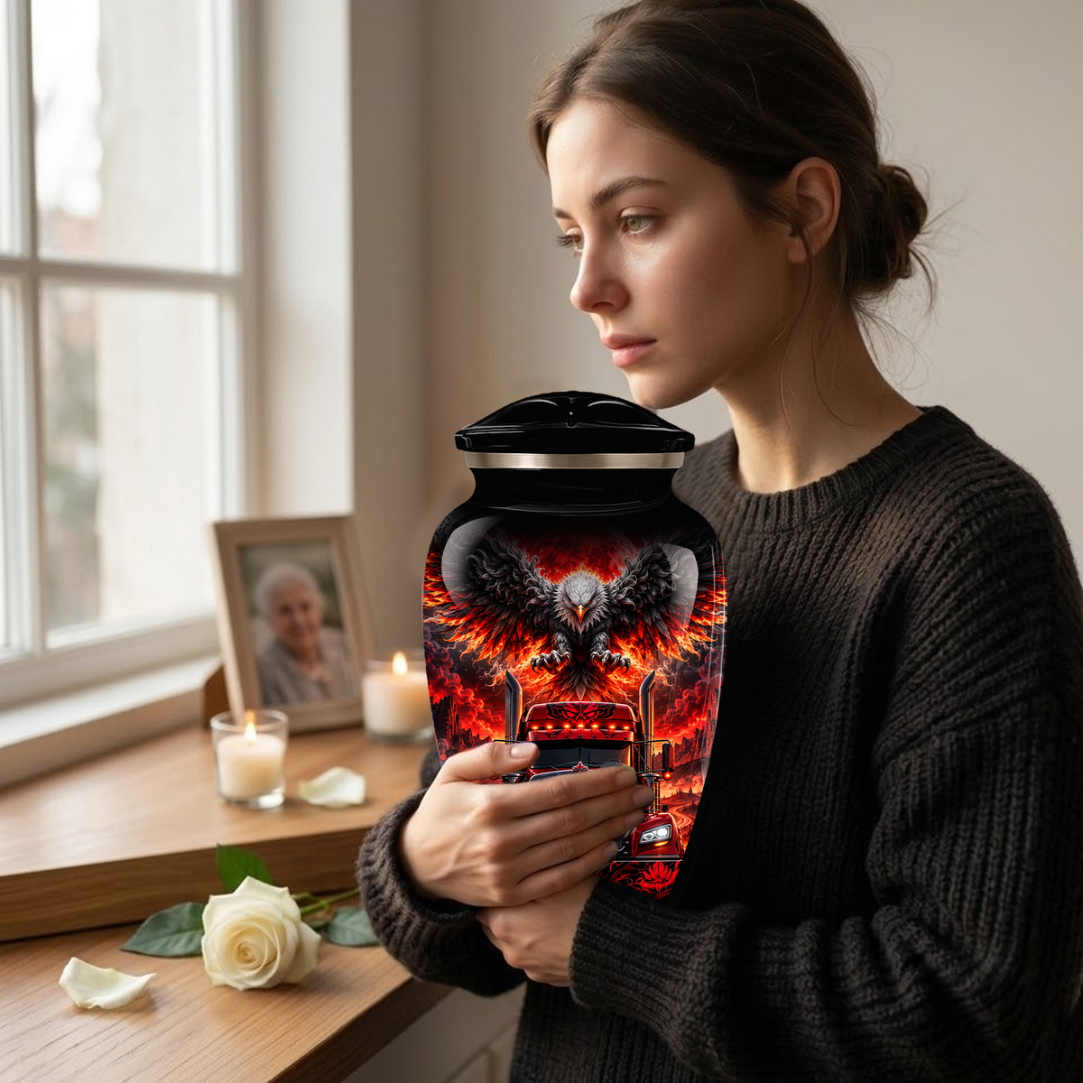 Personalized Adult Cremation Urn for Ashes, Custom Red Semi Truck and Fiery Eagle Memorial Urn, Truck Driver Urn
