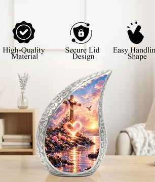 Christian Cross Cremation Urn for Adult Ashes, Sunset Memorial Urn with Dove and Glowing Heart, Religious Urn for Mom or Dad