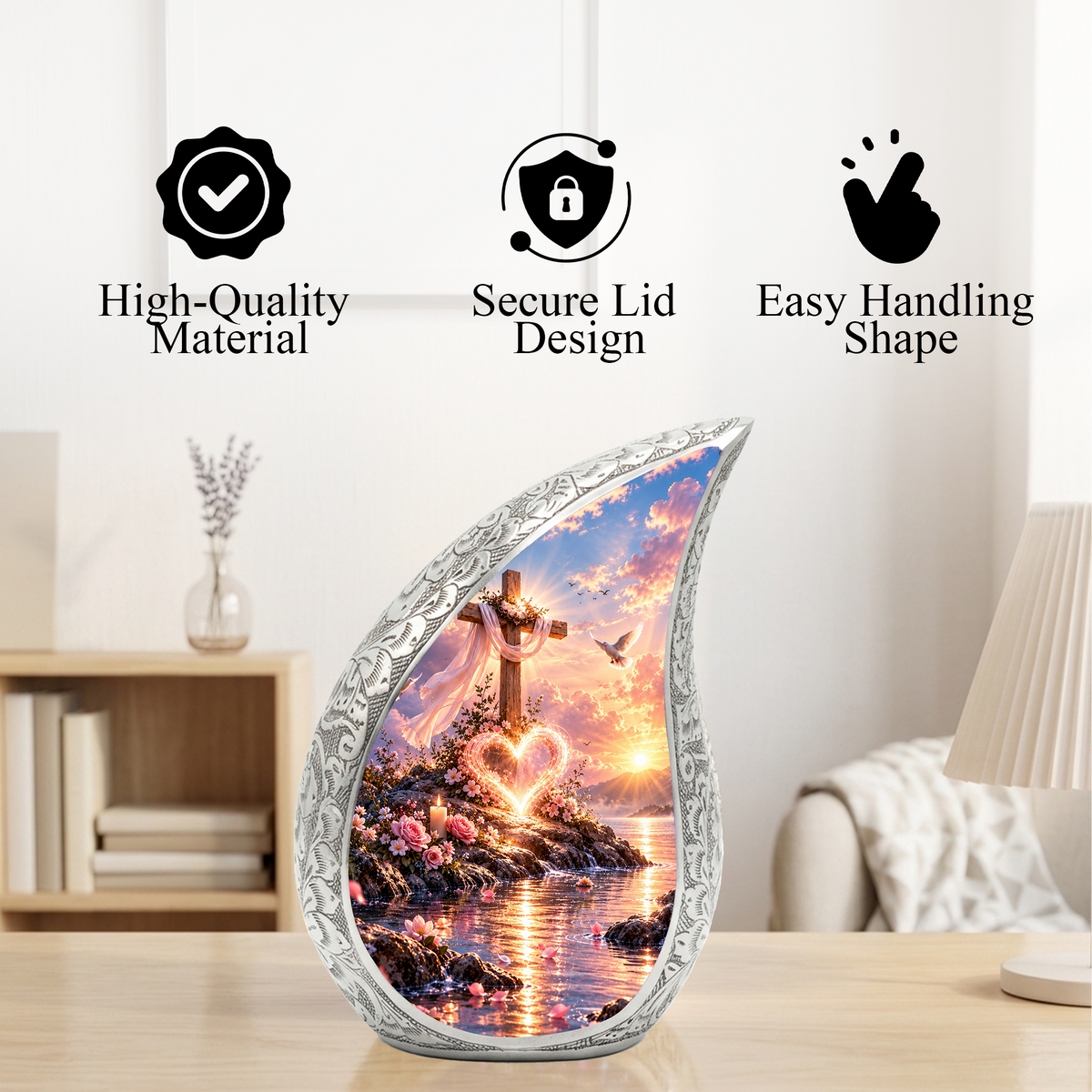 Christian Cross Cremation Urn for Adult Ashes, Sunset Memorial Urn with Dove and Glowing Heart, Religious Urn for Mom or Dad