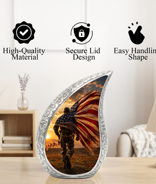 Patriotic Soldier Urn for Dad | American Flag Cremation Urn for Human Ashes & Military Memorial