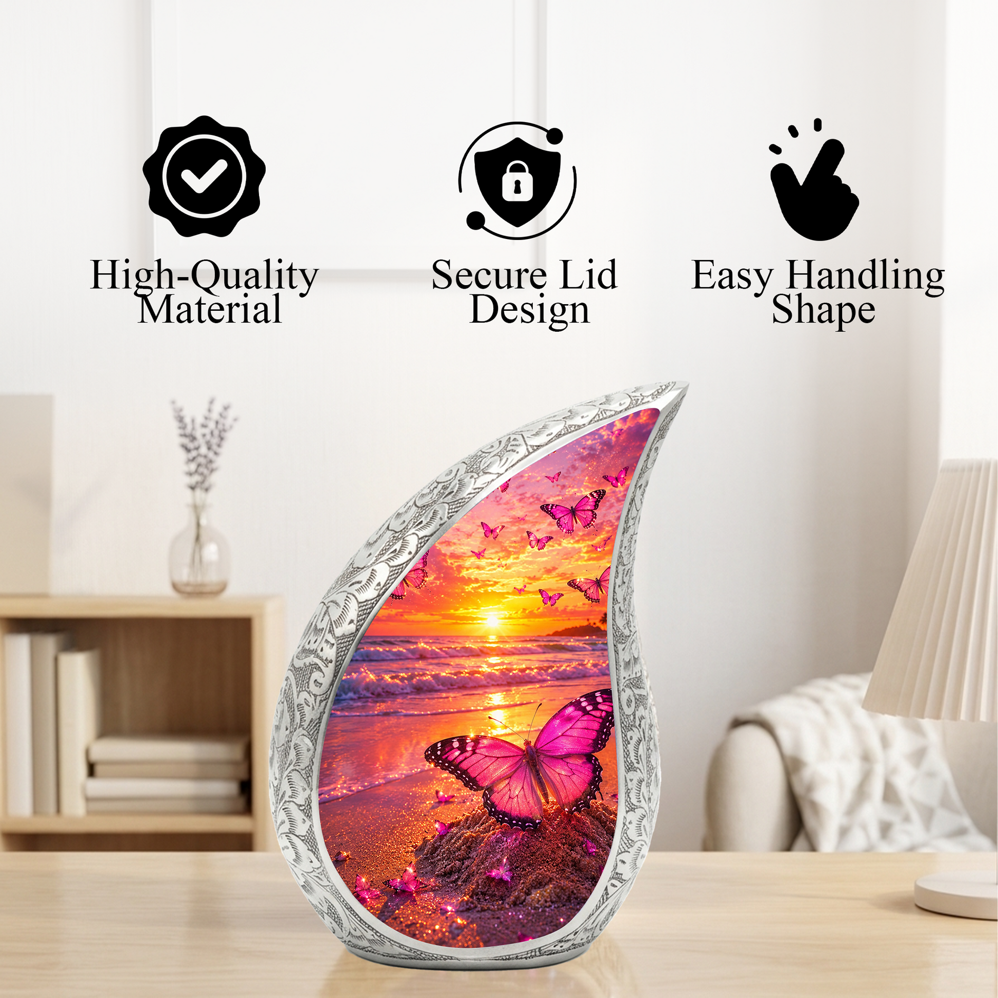 Butterfly Beach Urn for Human Ashes | Adult Cremation Urn with Ocean Sunset