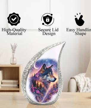 Personalized Wolf Dog Cremation Urn – Custom Pet Memorial Urn for Dog Ashes, Woodland Wolf Teardrop Aluminum Pet Urn, 10 Inch