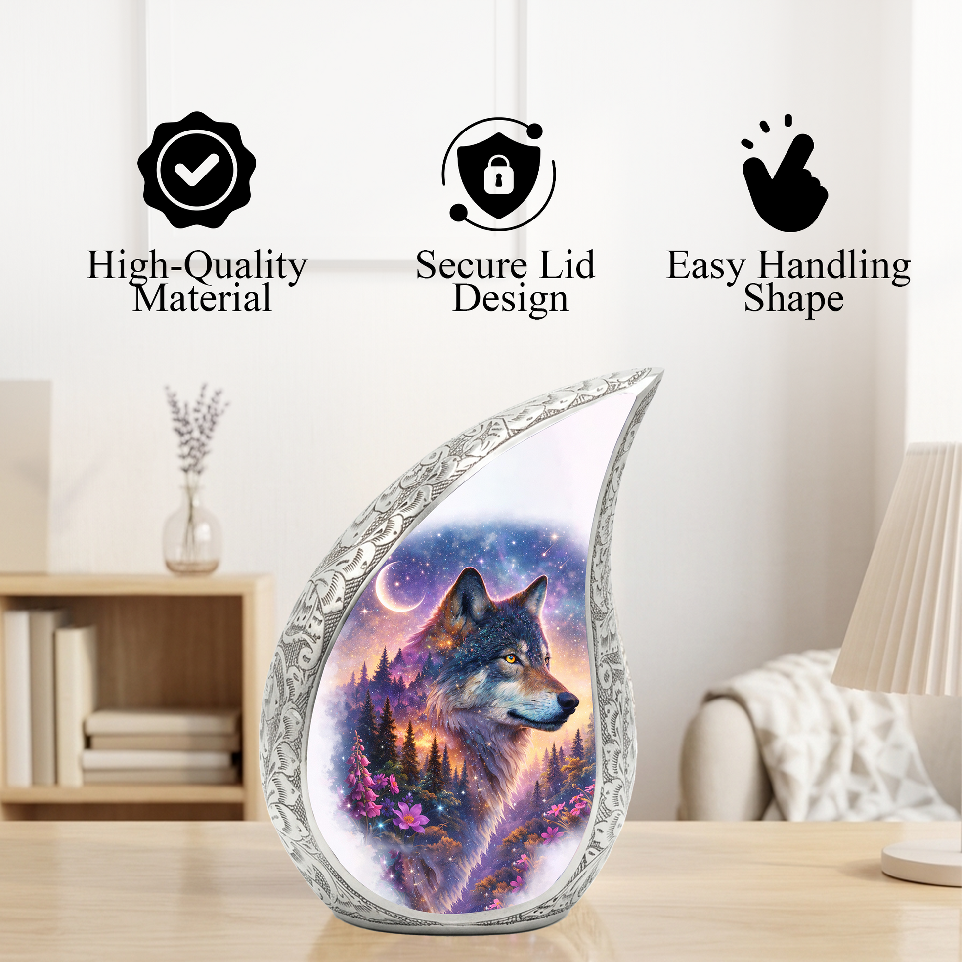 Personalized Wolf Dog Cremation Urn – Custom Pet Memorial Urn for Dog Ashes, Woodland Wolf Teardrop Aluminum Pet Urn, 10 Inch