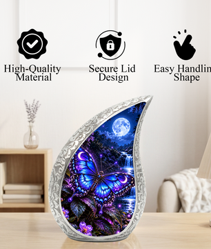 Blue Butterfly Cremation Urn for Adult Ashes, Glowing Purple Butterfly Memorial Urn
