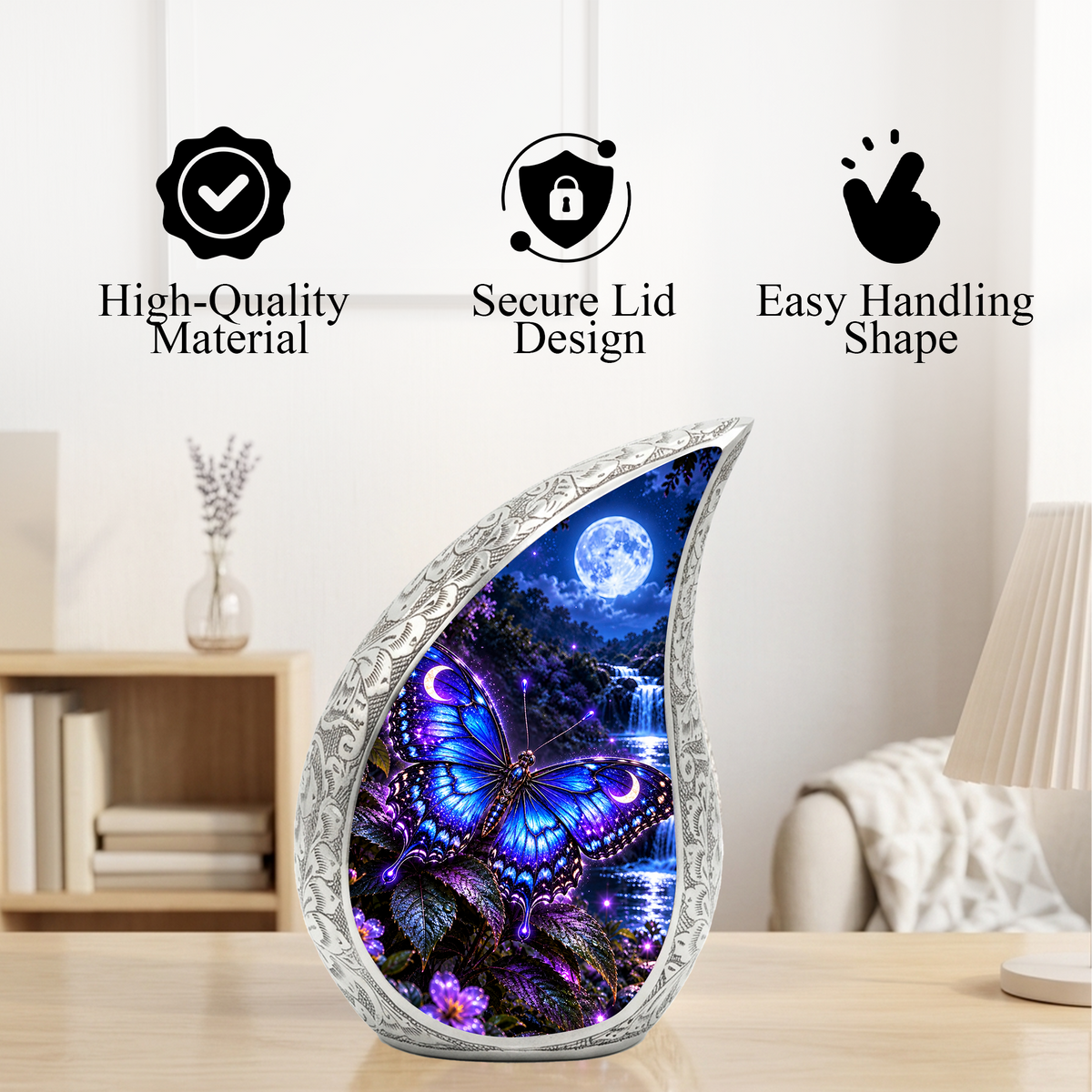 Blue Butterfly Cremation Urn for Adult Ashes, Glowing Purple Butterfly Memorial Urn