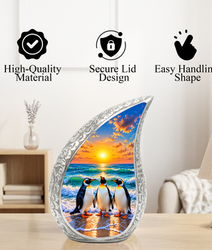 Penguin Cremation Urn for Ashes, Beach Sunset Memorial Urn, Adult Aluminum Cremation Urn