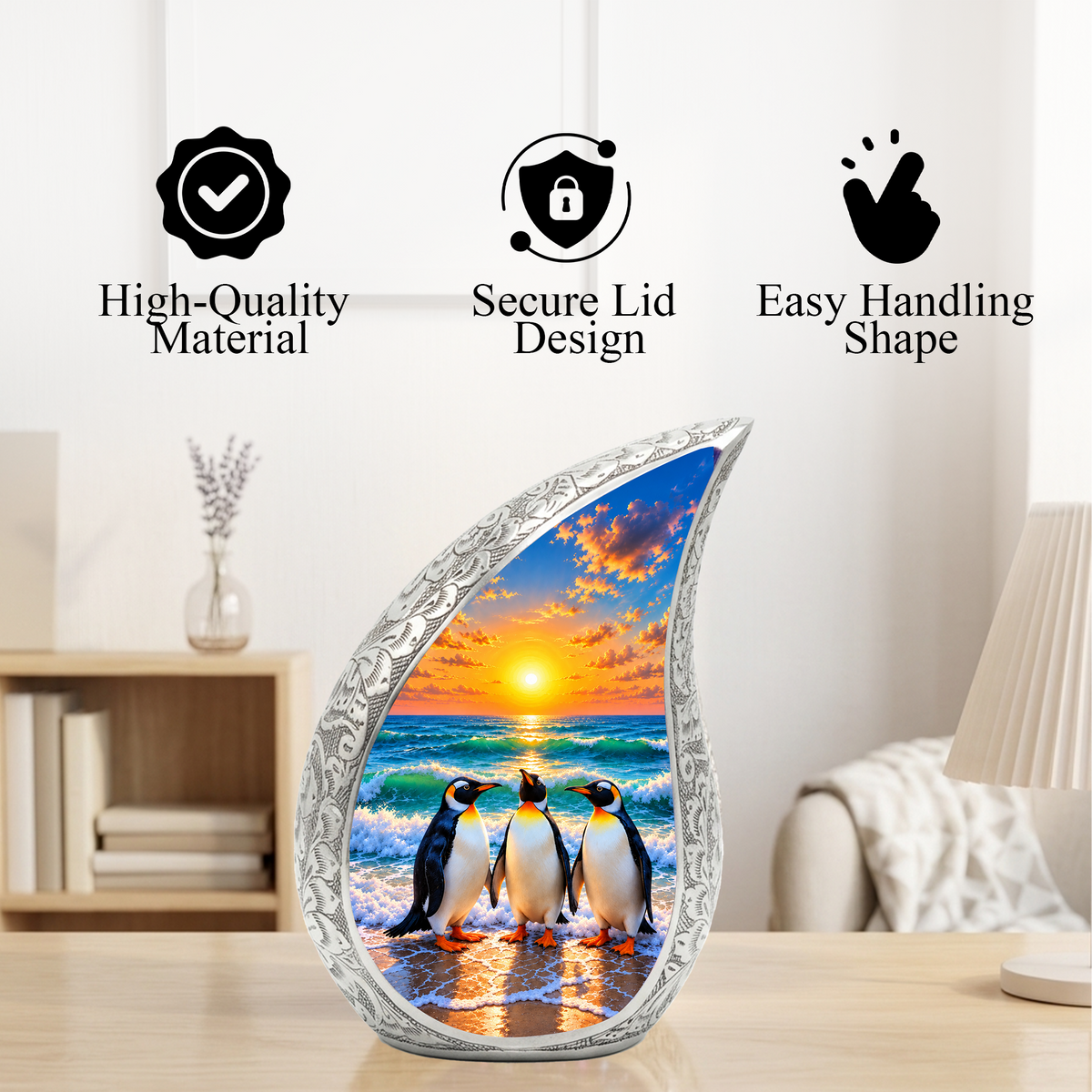 Penguin Cremation Urn for Ashes, Beach Sunset Memorial Urn, Adult Aluminum Cremation Urn