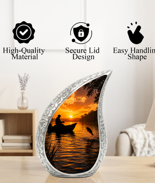 Fishing Sunset Urn for Dad – Gone Fishing Cremation Urn for Human Ashes, Adult Male Memorial