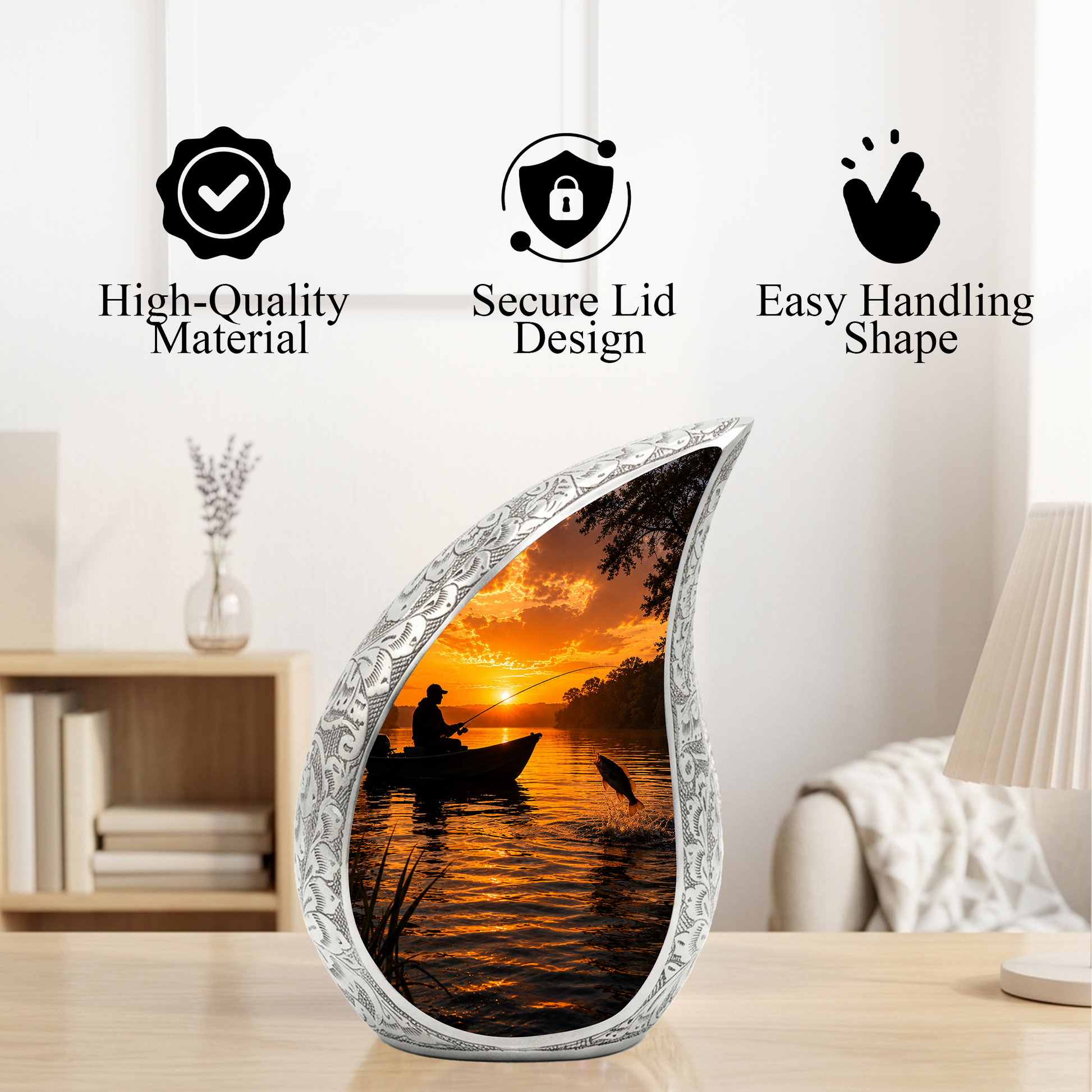 Fishing Sunset Urn for Dad – Gone Fishing Cremation Urn for Human Ashes, Adult Male Memorial