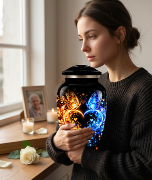 Butterfly Cremation Urn for Adult Ashes, Blue and Gold Butterflies Memorial Urn