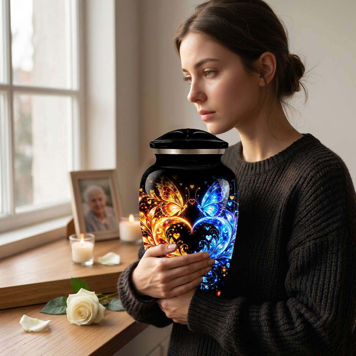 Butterfly Cremation Urn for Adult Ashes, Blue and Gold Butterflies Memorial Urn