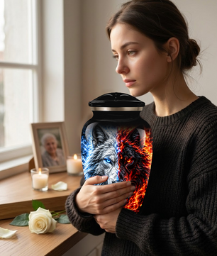 Personalized Adult Cremation Urn for Ashes, Custom Wolf Memorial Urn, Blue and Fire Red Dual Wolf Artwork
