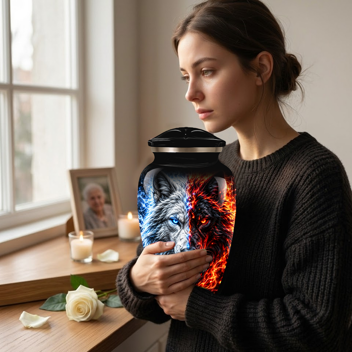 Personalized Adult Cremation Urn for Ashes, Custom Wolf Memorial Urn, Blue and Fire Red Dual Wolf Artwork