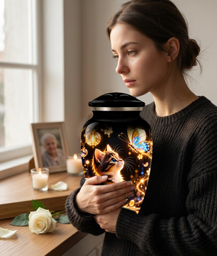 Kitten and Butterfly Cremation Urn for Adult Ashes, Personalized Cat Memorial Urn