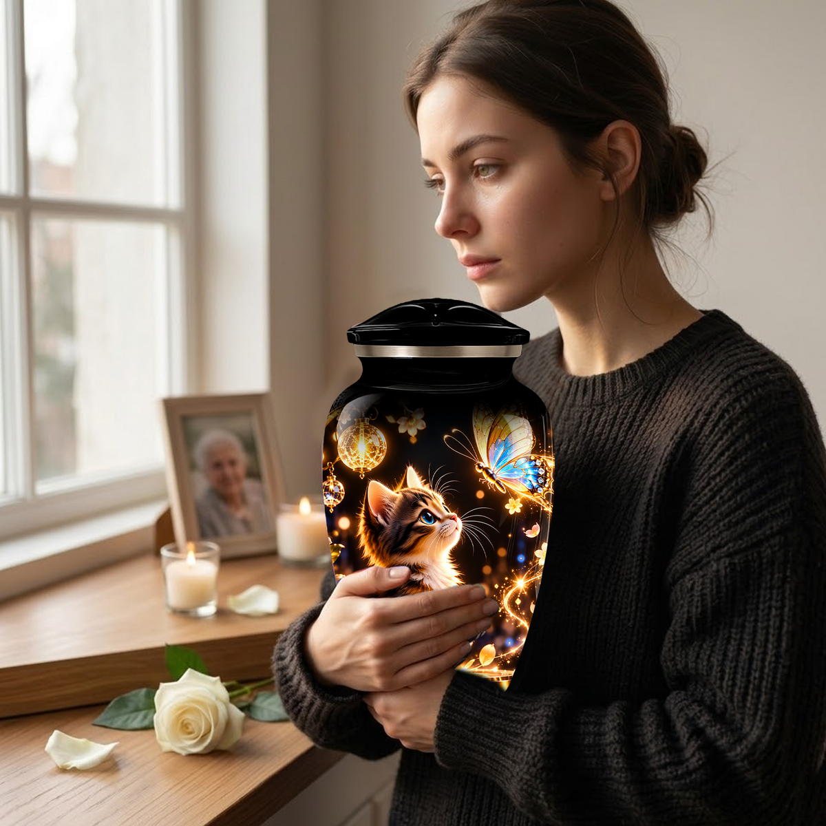 Kitten and Butterfly Cremation Urn for Adult Ashes, Personalized Cat Memorial Urn