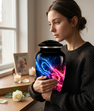 Cosmic Hands Cremation Urn for Adult Ashes, Blue and Pink Galaxy Memorial Urn, Personalized Funeral Urn for Human Ashes, Celestial Keepsake