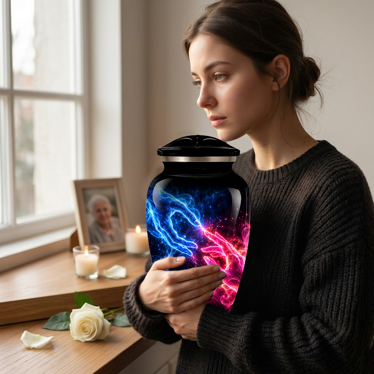 Cosmic Hands Cremation Urn for Adult Ashes, Blue and Pink Galaxy Memorial Urn, Personalized Funeral Urn for Human Ashes, Celestial Keepsake