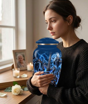 Gothic Electric Guitar Cremation Urn for Ashes, Blue Fantasy Musician Urn, Custom Guitar Urn