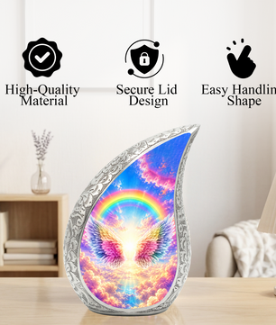 Rainbow Angel Wings Urn for Mom, Personalized Cremation Urn for Ashes