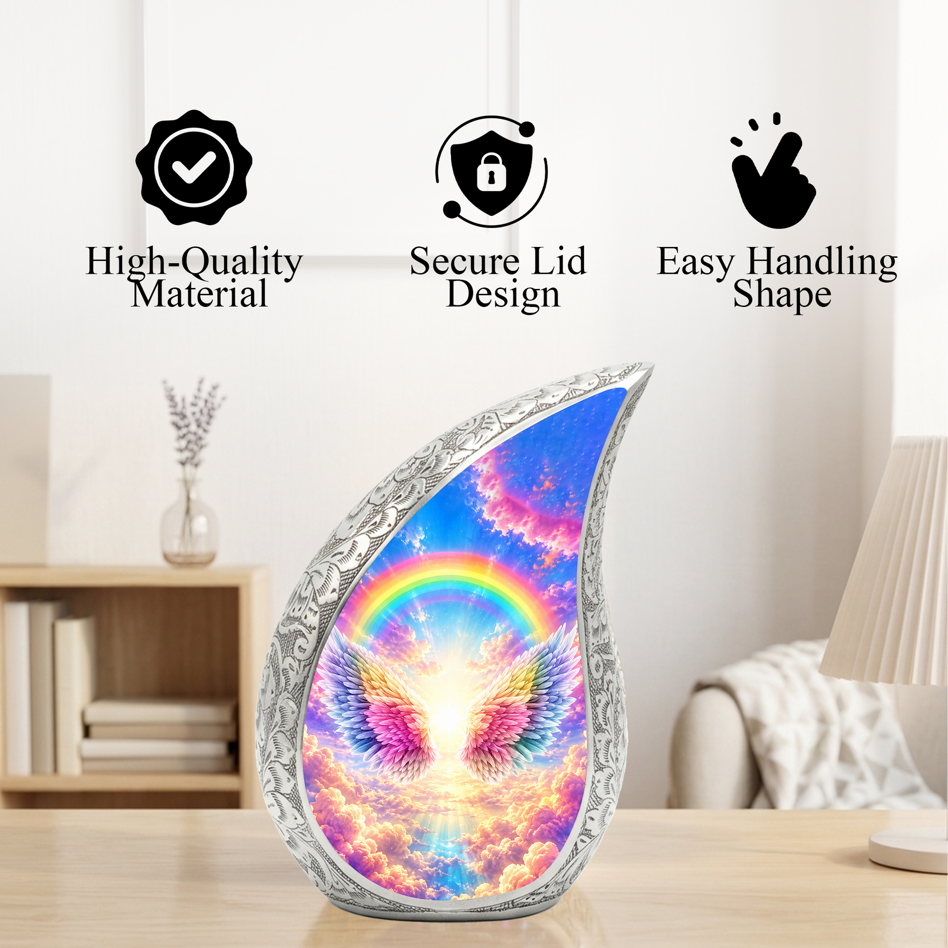 Rainbow Angel Wings Urn for Mom, Personalized Cremation Urn for Ashes