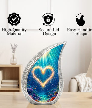 Ocean Heart Memorial Urn for Mom – Personalized Cremation Urn for Human Ashes | Underwater Heart Keepsake Urn for Women