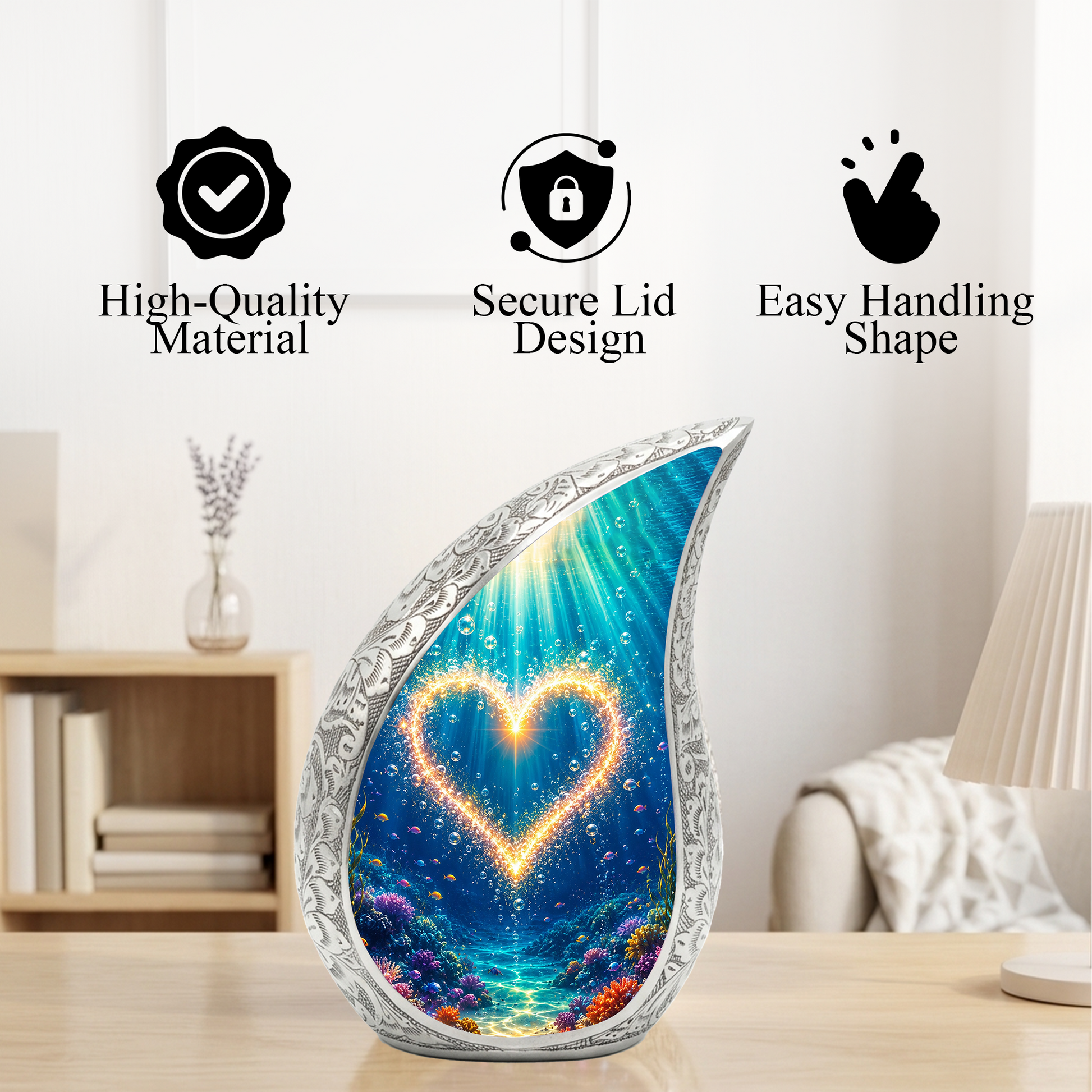 Ocean Heart Memorial Urn for Mom – Personalized Cremation Urn for Human Ashes | Underwater Heart Keepsake Urn for Women