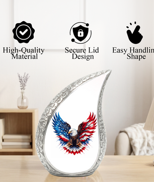 Personalized Patriotic Eagle Cremation Urn – Custom Memorial Urn for Dad, American Bald Eagle Teardrop Aluminum Adult Urn for Ashes, 10 Inch