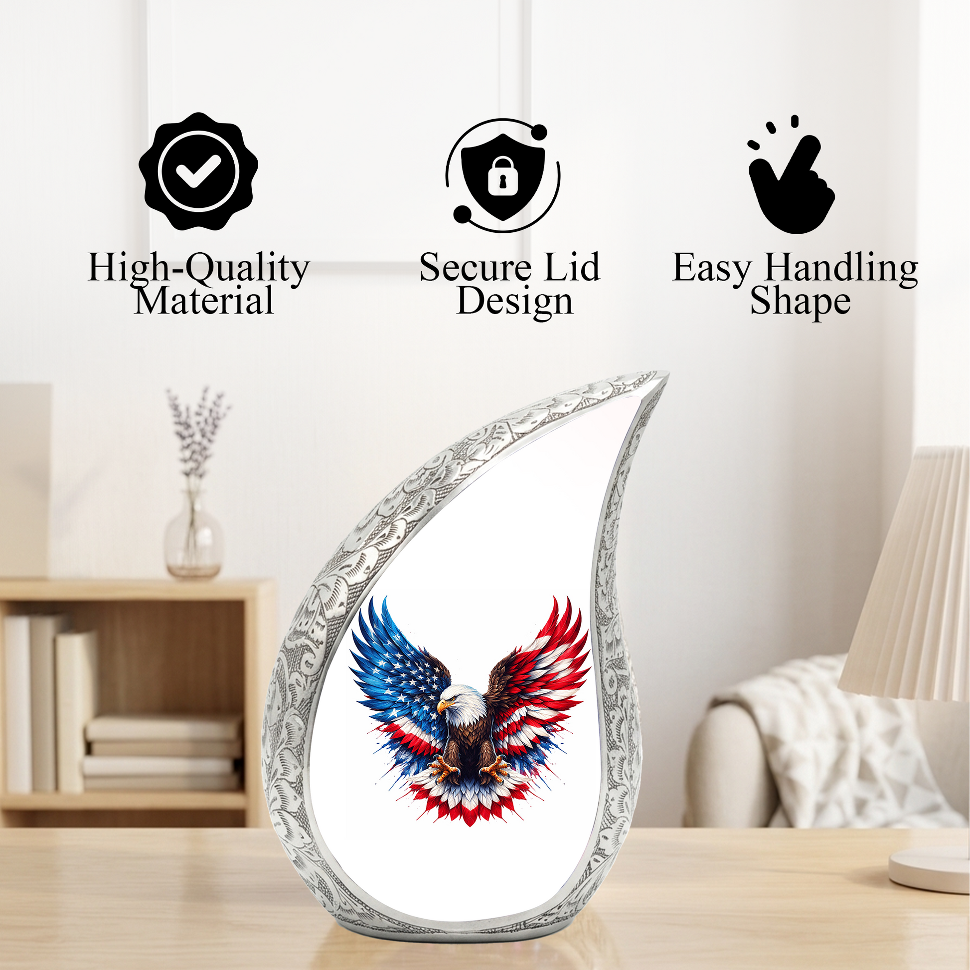 Personalized Patriotic Eagle Cremation Urn – Custom Memorial Urn for Dad, American Bald Eagle Teardrop Aluminum Adult Urn for Ashes, 10 Inch