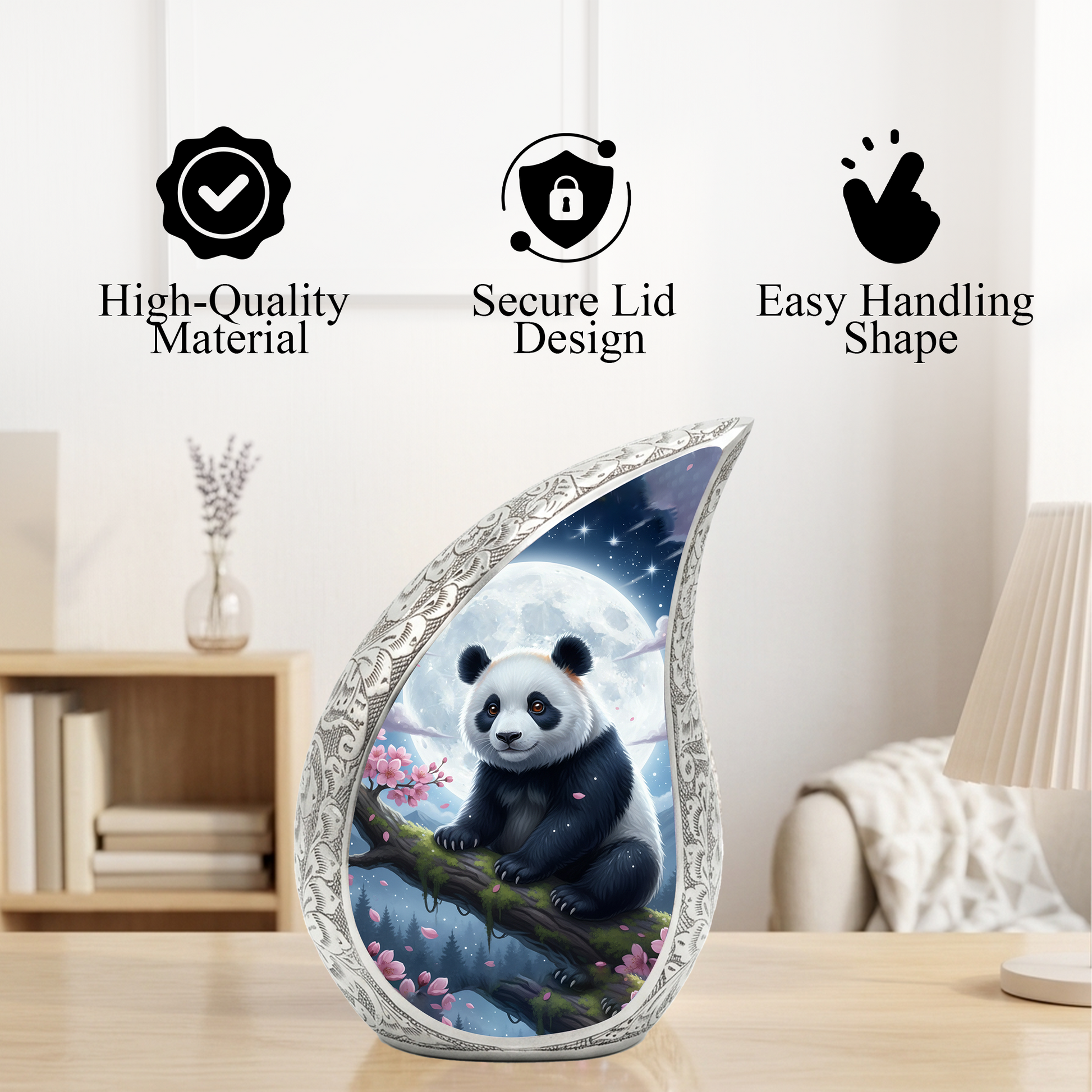 Moonlit Panda Personalized Cremation Urn – Teardrop Style Aluminum Memorial Urn, 10 Inch