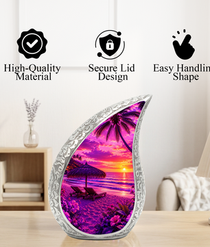 Beach Urns for Human Ashes – Ocean Sunset Beach Themed Cremation Urn, Palm Tree & Ocean Wave Memorial Urn for Mom, Women & Adults