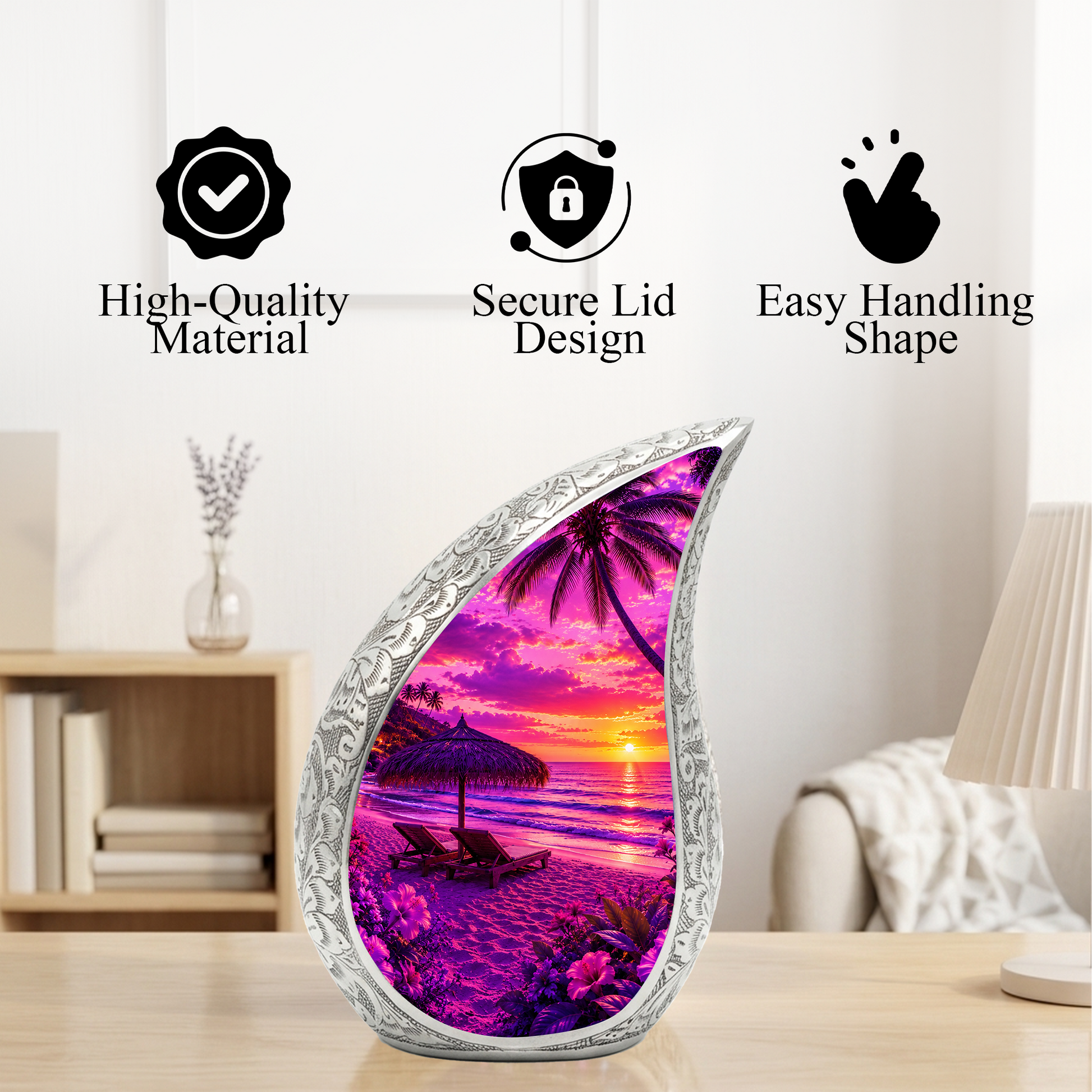 Beach Urns for Human Ashes – Ocean Sunset Beach Themed Cremation Urn, Palm Tree & Ocean Wave Memorial Urn for Mom, Women & Adults