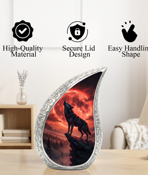 Crimson Moon Wolf Personalized Cremation Urn – Teardrop Memorial Urn for Ashes | 10 Inch