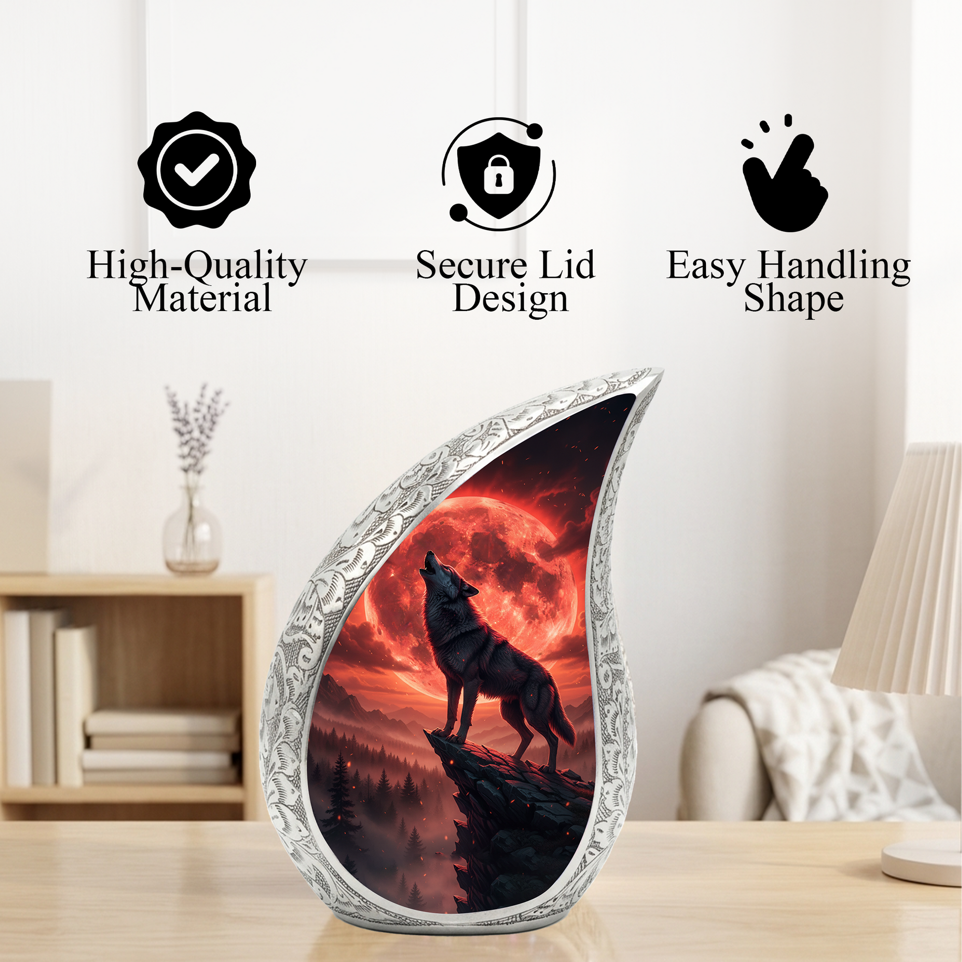 Crimson Moon Wolf Personalized Cremation Urn – Teardrop Memorial Urn for Ashes | 10 Inch
