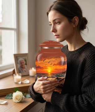 Beach Cremation Urn for Ashes | Ocean Sunset Memorial Urn | Personalized Beach & Ocean Theme Urn