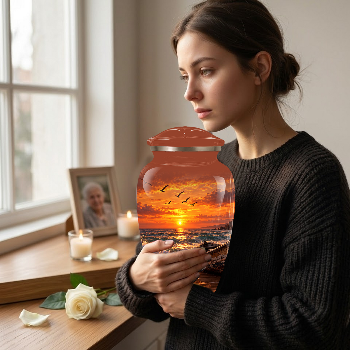 Beach Cremation Urn for Ashes | Ocean Sunset Memorial Urn | Personalized Beach & Ocean Theme Urn