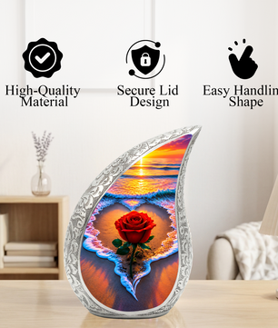 Red Rose Ocean Sunset Urn for Ashes | Beach Urn for Human Ashes, Ocean Wave Cremation Urn